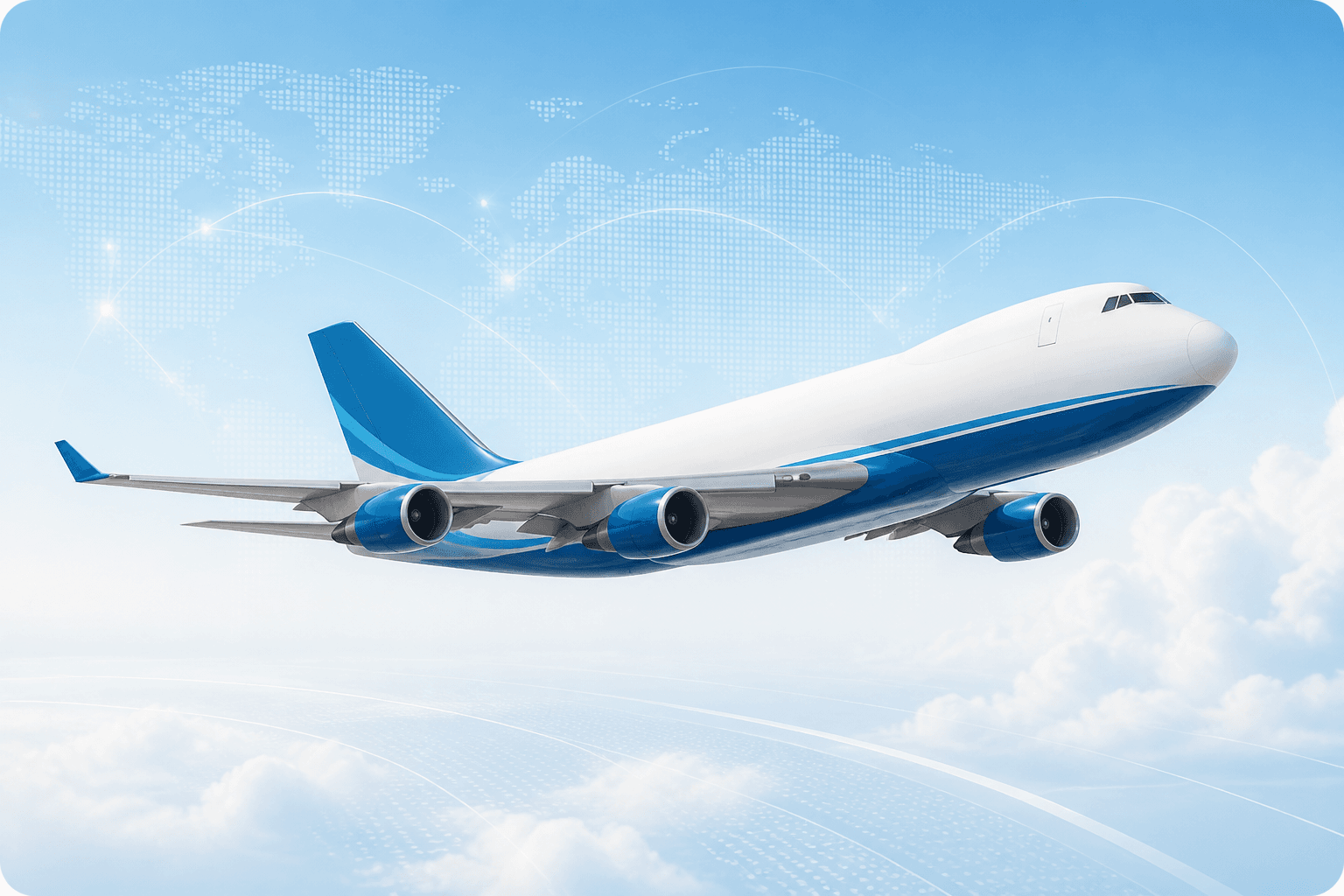 Premium air freight aircraft flying across a global route map